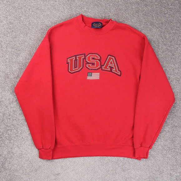Vintage USA Flag Embroidered Medium Red Long Sleeve Pullover Sweatshirt - Picture 1 of 11